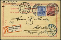 DP TÜRKEI P 7 BRIEF, 1905, 20 PARA Auf 10 Pf. Reichspost Auf Einschreibkarte Von CONSTANTINOPEL Nach München, Pracht - Turkey (offices)