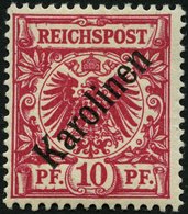KAROLINEN 3I *, 1899, 10 Pf. Diagonaler Aufdruck, Falzrest, Pracht, Gepr. Steuer, Mi. 75.- - Carolinen