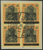 SAARGEBIET 9bI VB O, 1920, 25 Pf. Gelborange/schwarz Auf Gelbweiß, Type I, Im Viererblock Mit Zentrischem Stempel, Prach - Otros & Sin Clasificación