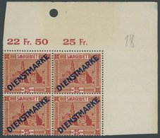 SAARGEBIET D 6I VB **, 1922, 25 C. Neues Rathaus Im Rechten Oberen Eckrandviererblock, Dabei Feld 9 Mit Aufdruckfehler P - Dienstzegels