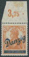 FREIE STADT DANZIG 35POR *, 1920, 71/2 Pf. Kleiner Innendienst, Plattendruck, Oberrandstück, Falzrest, Pracht, Mi. 90.- - Other & Unclassified