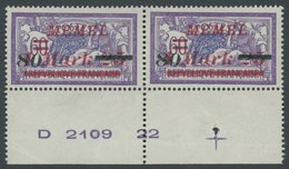 MEMELGEBIET 120Bru **, 1922, 80 Auf 1.25 M. Auf 60 C. Dunkelgrauviolett/kobalt Im Unterrandpaar Mit Komplettem Druckdatu - Memel (Klaipeda) 1923