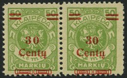 MEMELGEBIET 226I,II **, 1923, 30 C. Auf 50 M. Gelbgrün, Type I Und II Zusammen Im Waagerechten Paar, Postfrisch Pracht - Memelland 1923