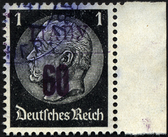 LJADY 1b O, 1941, 60 Kop. Auf 1 Pf. Schwarz, Aufdruck Schwarzviolett, Rechtes Randstück, Pracht, RR!, Fotoattest Zirath, - Ocupación 1938 – 45