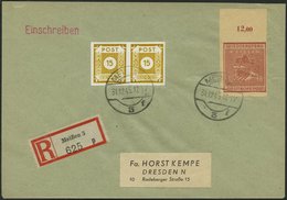 MEISSEN 38aB BRIEF, 1945, 12 Pf. Braunrot Wiederaufbau, Ungezähnt, Oberrandstück, Mit Zusatzfrankatur Auf Kempe-Einschre - Private & Local Mails