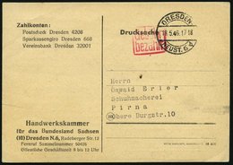 ALL. BES. GEBÜHR BEZAHLT DRESDEN NEUST. 6, 18.5.46, Roter R2 Gebühr Bezahlt, Drucksachenkarte, Pracht - Altri & Non Classificati