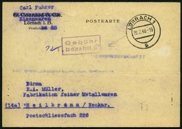 ALL. BES. GEBÜHR BEZAHLT LÖRRACH, 22.7.46, Violetter R2 Gebühr Bezahlt, Handschriftlich 12, Auf Postkarte, Pracht - Other & Unclassified