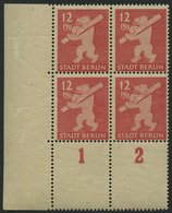 BERLIN UND BRANDENBURG 5AAwaxL **, 1945, 12 Pf. Mittelkarminrot, Graurosa Papier, Glatter Gummi, Im Viererblock Aus Der  - Other & Unclassified