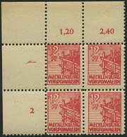 MECKLENBURG-VORPOMMERN 36zb VB **, 1946, 12 Pf. Rot, Dünnes Papier, Im Oberen Linken Eckrandviererblock, Dabei Plattenfe - Andere & Zonder Classificatie