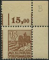 MECKLENBURG-VORPOMMERN 37ye **, 1946, 15 Pf. Orangebraun, Graues Papier, Bogenecke, Pracht, Gepr. Kramp, Mi. (90.-) - Andere & Zonder Classificatie