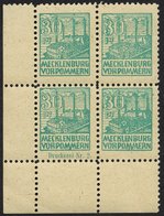 MECKLENBURG-VORPOMMERN 39zaDZ **, 1946, 30 Pf. Lebhaftbläulichgrün, Dünnes Papier, Im Eckrandviererblock, Druckereizeich - Other & Unclassified