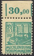 MECKLENBURG-VORPOMMERN 39zb **, 1946, 30 Pf. Dunkelopalgrün, Dünnes Papier, Oberrandstück, Pracht, Fotoattest Kramp, Mi. - Altri & Non Classificati