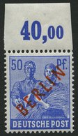 BERLIN 30POR **, 1949, 50 Pf. Rotaufdruck, Plattendruck, Oberrandstück, Nicht Duchgezähnt, Pracht, Gepr. D. Schlegel, Mi - Andere & Zonder Classificatie