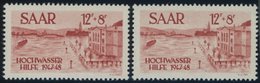 SAARLAND 257I,II **, 1948, 12 Fr. Hochwasserhilfe Mit Plattenfehler Perle Unten Am S Von Saar Und Druckereiname Nur H.V. - Other & Unclassified