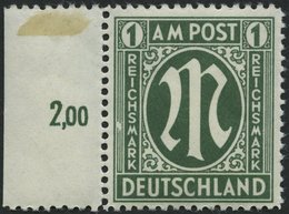 AMERIK. U. BRITISCHE ZONE 35IV **, 1946, 1 RM Dunkelgraugrün Mit Abart Linke Zierlinien Neben SM In Reichsmark Durch Wei - Autres & Non Classés