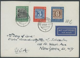 BUNDESREPUBLIK 113-15 BRIEF, 1949, 100 Jahre Briefmarken Auf Luftpostbrief In Die USA, Pracht - Autres & Non Classés