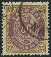 DÄNEMARK 30IYAc O, 1875, 50 Ø Gelbbraun/rotlila, Normaler Rahmen, Wz. 1Y, Gezähnt K 14:131/2, Pracht, Mi. 60.- - Gebraucht