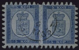 FINNLAND 3B Paar O, 1865, 5 K. Blau Auf Graublau Im Waagerechten Paar, Linke Marke Oben Zwei Verkürzte Zähne, Pracht, Ex - Altri & Non Classificati