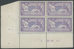 FRANKREICH 181 VB **, 1925, 3 Fr. Violett/blau Allegorie Im Eckrandviererblock Mit Bogennummer, Postfrisch, Pracht, Mi.  - Otros & Sin Clasificación