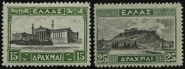 GRIECHENLAND 316/7I *, 1927, 15 Dr. Gelbgrün/schwarz Und 25 Dr. Grün/schwarz, Type I, 2 Prachtwerte - Andere & Zonder Classificatie