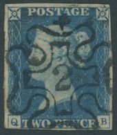 GROSSBRITANNIEN 2 O, 1840, 2 P. Blau Mit Zentrischem Malteserkreuz-Stempel Mit Nr. 2, Linke Untere Ecke Lupenrandig Sons - Sonstige & Ohne Zuordnung