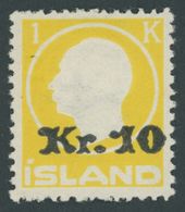 ISLAND 111 **, 1924, 10 Kr. Auf 1 Kr. Gelb, Rauhe Zähnung, Postfrisch, Pracht, Mi. 900.- - Otros & Sin Clasificación