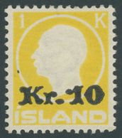 ISLAND 111 *, 1924, 10 Kr. Auf 1 Kr. Gelb, Falzrest, Pracht - Andere & Zonder Classificatie