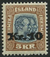ISLAND 141 *, 1930, 10 Kr. Auf 5 Kr. Doppelportrait, Falzrest, Pracht, Signiert Zumstein - Other & Unclassified