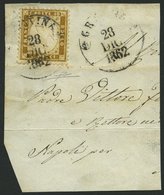 ITALIEN 9 BrfStk, 1862, 10 C. Braunoliv (Sassone Nr. 1e) Mit Stempel GRAVINA Auf Großem Briefstück, Pracht, Fotoattest E - Afgestempeld