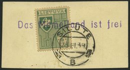 LITAUEN 409 BrfStk, 1939, 5 C. Grün Mit Stempel SILUTE Und Violettem L1 Das Memelland Ist Frei, Prachtbriefstück - Lituanie