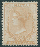 MALTA 1x *, 1863, 1/2 P. Mattbraun, Weißes Papier, Ohne Wz., Falzreste, Feinst, Mi. 800.- - Malta