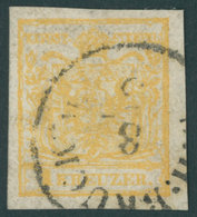 ÖSTERREICH BIS 1867 1Xaz O, 1850, 1 Kr. Ockergelb, Handpapier, Kartonpapier (0.14 Mm), K1 B:H:BRUCK, Pracht, Fotobefund  - Usati