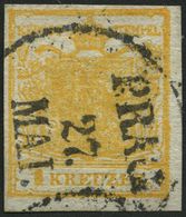 ÖSTERREICH 1Xb O, 1850, 1 Kr. Orange, Handpapier, Ovalstempel PRAG, Pracht, Gepr. A. Diena - Gebruikt