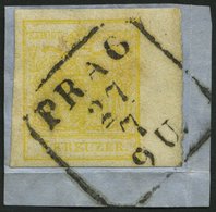 ÖSTERREICH 1Ya BrfStk, 1854, 1 Kr. Gelb, Maschinenpapier, Type Ib, Mit Rechtem Rand (6 Mm), R4 PRAG, Prachtbriefstück - Usati
