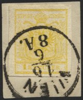 ÖSTERREICH 1Ya BrfStk, 1854, 1 Kr. Gelb, Maschinenpapier, Breitrandiges Kabinettstück Auf Briefstück, Marke Zur Kontroll - Usati