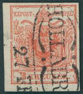 ÖSTERREICH BIS 1867 3XR O, 1850, 3 Kr. Karmin, Handpapier, Geripptes Papier, Zierstempel HOLLABRUN, Rahmenbruch Links, P - Usati