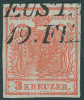 ÖSTERREICH BIS 1867 3XR O, 1850, 3 Kr. Karmin, Handpapier, Geripptes Papier, Mit Interessanter Farbauslassung Unten, Pra - Gebraucht