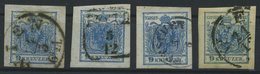 ÖSTERREICH 5X,Y O, 1850/4, 9 Kr. Blau, 4 Allseits Riesenrandige Prachtwerte - Usati