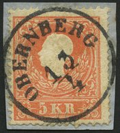 ÖSTERREICH 13I BrfStk, 1858, 5 Kr. Rot, Type I, Zentrischer K1 OBERNBERG, üblich Gezähnt, Prachtbriefstück - Gebruikt