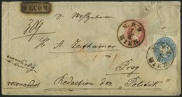 ÖSTERREICH 33,37I BRIEF, Mischfrankatur: 1867, 10 Kr. Blau Und 5 Kr. Rot, Grober Druck, Auf Kleinem Reco-Brief Mit K1 N. - Used Stamps