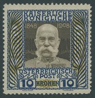 ÖSTERREICH 1867-1918 156 *, 1908, 10 Kr. Regierungsjubiläum, Falzrest, Pracht, Mi. 280.- - Sonstige & Ohne Zuordnung
