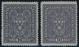 ÖSTERREICH 1867-1918 203Ia,b *, 1916, 10 Kr. Schwarzgrauviolett Und Schwarzbraunviolett, Falzrest, 2 Prachtwerte, Mi. 95 - Sonstige & Ohne Zuordnung