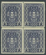 ÖSTERREICH 1918-1938 404B VB **, 1922, 1000 Kr. Schwarzblau, Gezähnt L 111/2, Im Postfrischen Viererblock, Pracht, Mi. ( - Other & Unclassified