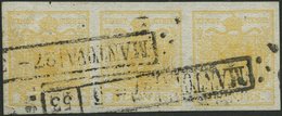 LOMBARDEI UND VENETIEN 1Xa O, 1850, 5 C. Ockergelb, Handpapier, Im Waagerechten Dreierstreifen, Mit Spuren Eines Maschin - Lombardo-Veneto