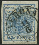LOMBARDEI UND VENETIEN 5Xa O, 1850, 45 C. Blau, Handpapier, Type I, K2 VERONA, Kabinett - Lombardy-Venetia