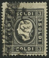 LOMBARDEI UND VENETIEN 7Ia O, 1858, 3 So. Schwarz, Type I, Mit Plattenfehler Kleiner Weißer Fleck Vor Soldi Unten, L2 VE - Lombardo-Venetien