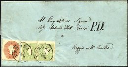 LOMBARDEI UND VENETIEN 8a,13 BRIEF, 1863, Mischfrankatur: 1863, 3 So. Grün, Type II, 2x Mit 10 So. Rötlichbraun Auf Brie - Lombardije-Venetië
