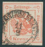 LOMBARDEI UND VENETIEN Z 3 O, Zeitungsstempelmarken: 1858, 4 Kr. Rot, Links Lupenrandig, Sonst Breitrandiges Farbfrische - Lombardy-Venetia