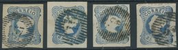PORTUGAL 2 O, 1853, 25 R. Blau, 4 Werte Mit Verschiedenen Nummernstempeln, U.a. 157, Feinst/Pracht - Other & Unclassified