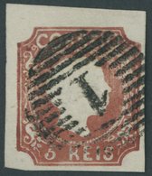 PORTUGAL 5 O, 1855, 5 R. Rotbraun, Glattes Haar, Nummernstempel 1, Farbfrisches Prachtstück, Signiert Thier, Mi. 1200.- - Andere & Zonder Classificatie